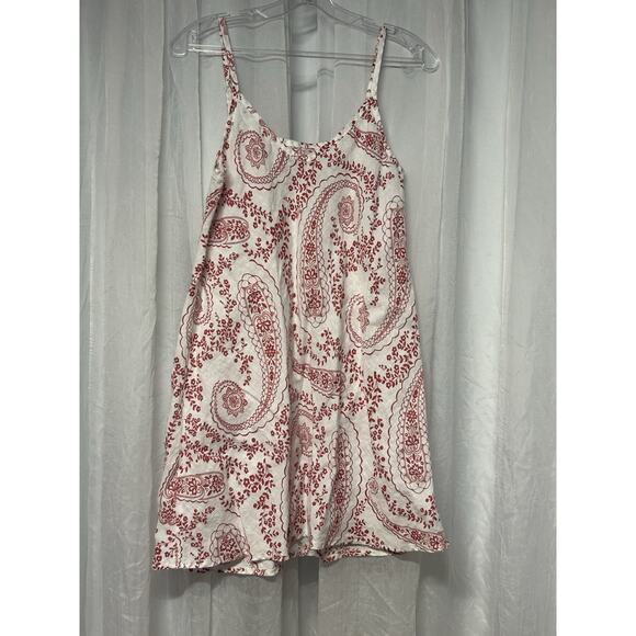 Flax Relaxed Fit 100% Linen Paisley Mini Dress Sz Petite Red White Sleeveless - Picture 1 of 7